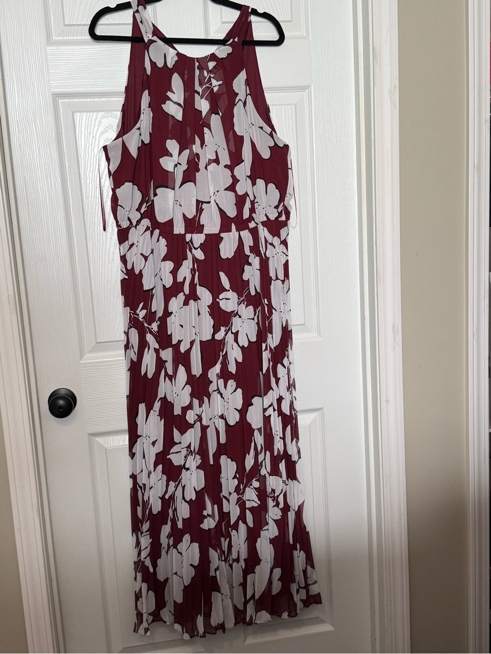 Sandra Darren Burgundy and White Floral Halter Pleated Maxi Dress